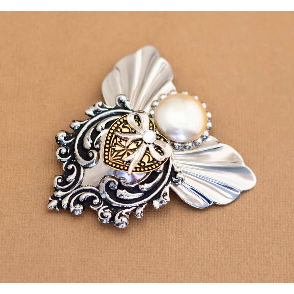 Vintage Silver Tone Angelic Faux Pearl Ribbon Brooch By Jane - Y10
